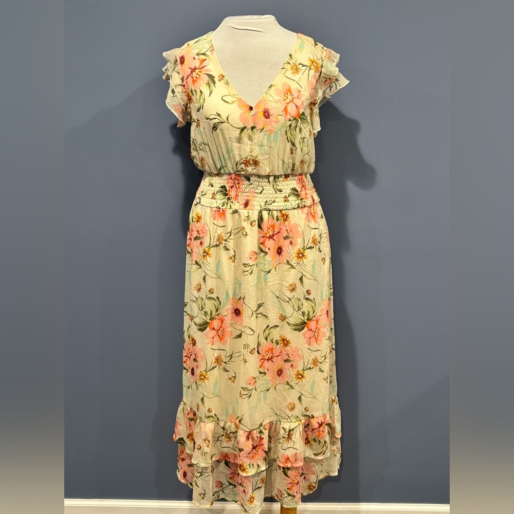 indulge Cream Floral Midi Dress with Pink & Green Accents